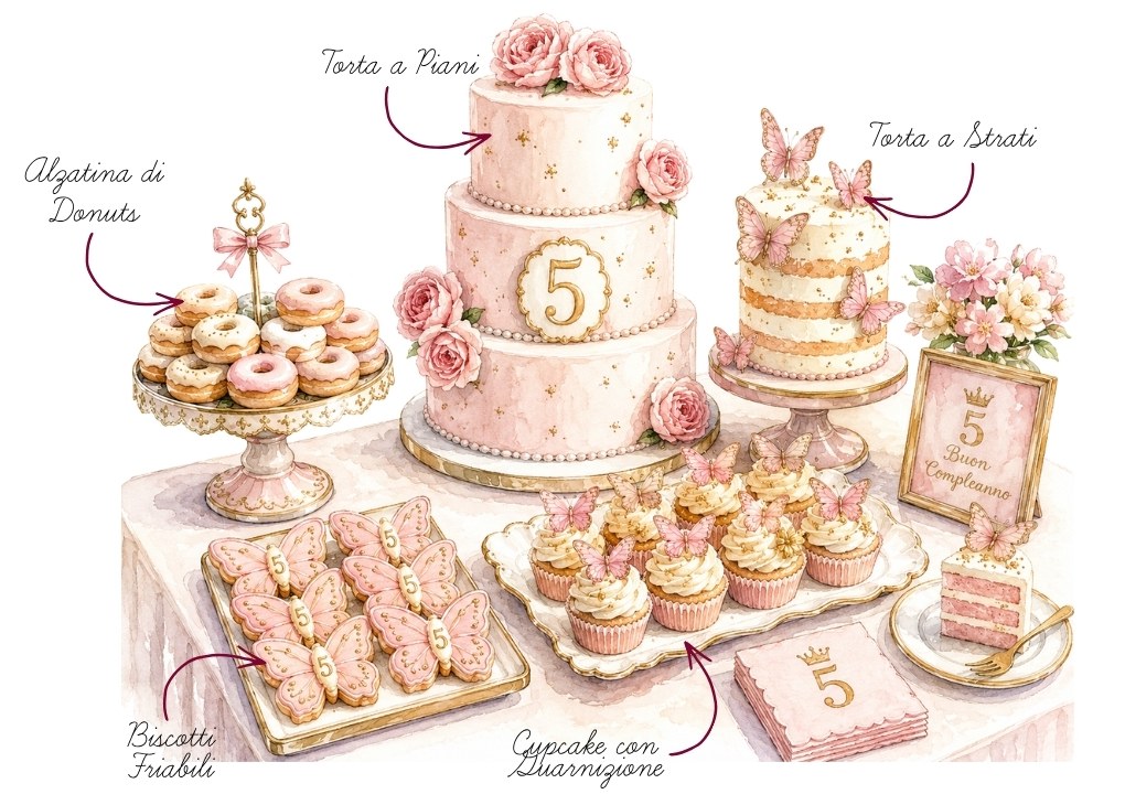 Allestimento Sweet Table tema 5 anni con etichette: Torta a Piani, Alzatina di Donuts, Torta a Strati, Biscotti Friabili, Cupcake con Guarnizione